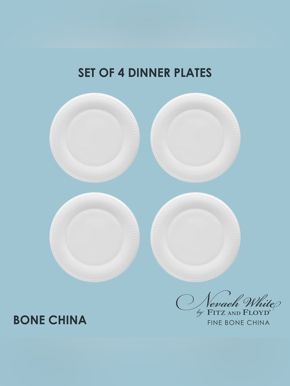 Fitz Floyd Nevaeh White Classic Bead 11" Round Bone China Dinner Plates (6ct